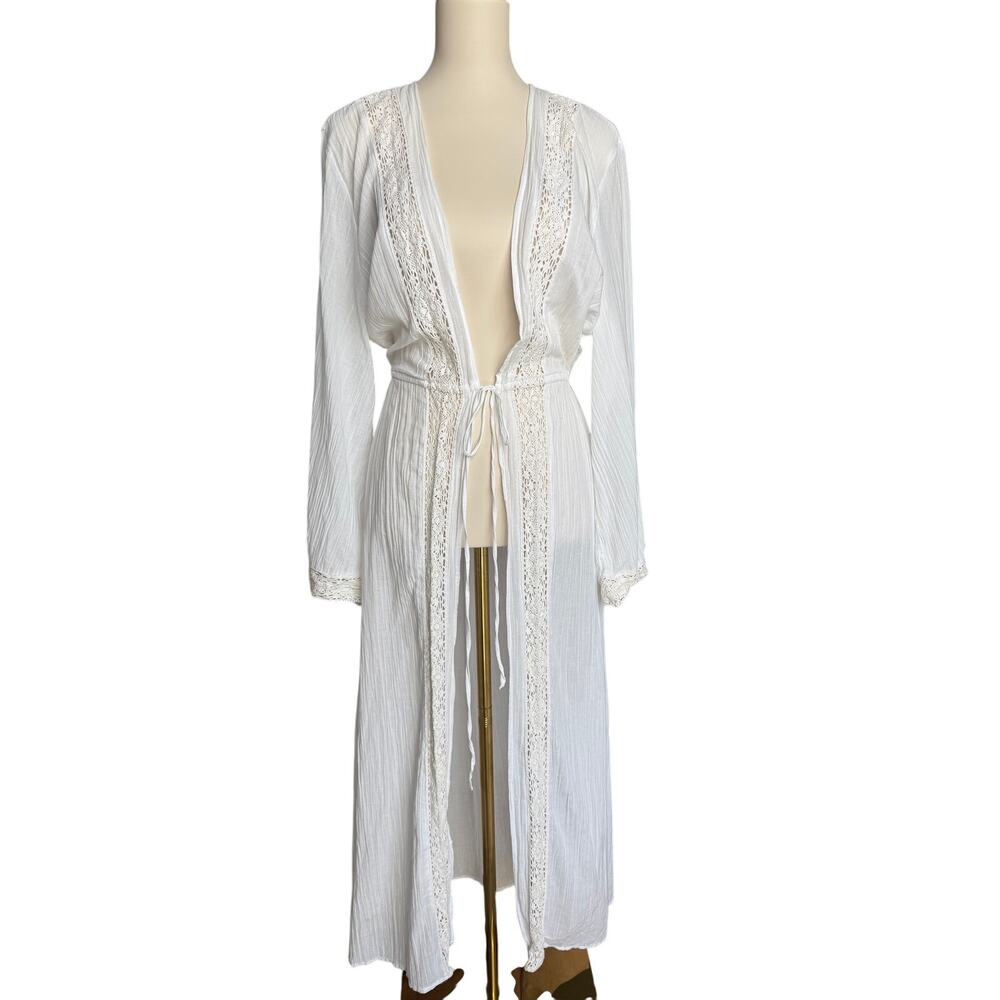 Abercrombie & Fitch White Crinkle Cotton and Lace Duster Kimono Cover Up L/XL